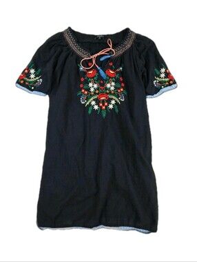 Romeo & Juliet Couture Peasant Shift Dress Black Embroidered Floral Boho Lace M